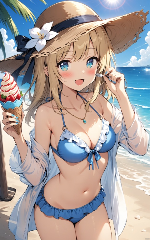  (masterpiece), (best quality), illustration, ultra detailed, hdr, Depth of field, (colorful), loli, artist Hiten, 1girl, outdoors, hat, bikini, swimsuit, solo, ice cream, food, breasts, blue bikini, day, holding, looking at viewer, open mouth, navel, white shirt, shirt, smile, beach, nail polish, open clothes, off shoulder, collarbone, medium breasts, bangs, ocean, open shirt, water, cleavage, :d, straw hat, flower, spoon, stomach, blue sky, sky, palm tree, halterneck, blurry, standing, bare shoulders, hair ornament, white flower, cloud, frills, sunlight, holding spoon, holding food, blue nails, cowboy shot, tree, hat flower, sun hat, ice cream cone, ribbon, blue eyes, blush, blurry background, frilled bikini, sidelocks, brown headwear, depth of field, front-tie bikini top, long sleeves, long hair, medium hair, brown hair, see-through, hands up, front-tie top, jewelry, hair ribbon, black ribbon, aqua nails, necklace, aqua eyes, string bikini, blonde hair, hat ribbon, swimsuit cover-up, Illustration