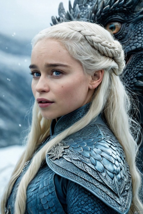 (Movie Still) from Game of Thrones,(extremely intricate:1.3),(realistic),portrait of a girl,the most beautiful in the world,Daenerys Targaryen,blonde hair,long hair,blue eyes,behind her is a dragon,monster,teeth,snow,(detailed face, detailed eyes, clear skin, clear eyes),photorealistic,award winning,professional photograph of a stunning woman detailed,sharp focus,dramatic,award winning,cinematic lighting,volumetrics dtx,,Movie Still, , emilia clarke