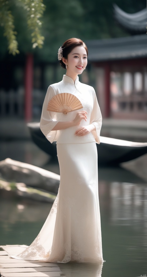  A woman with almond-shaped eyes, dressed in a white lace qipao, holding a fan, strolling leisurely through the water towns of Jiangnan. Her enchanting smile and graceful demeanor make her resemble a fairy plucked from a painting.