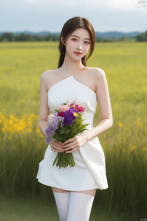  1girl,solo,smile,wearing a JK and holding a bouquet of vivid wildflowers,standing in a field of tall grass with a soft breeze blowing through. The scene should capture the whimsical and carefree style of Sakimichan,with a sense of peace and tranquility in the air
best quality,masterpiece,cute:1.2, FUJI, mLD, hy, white thighhighs,The background should be clear
