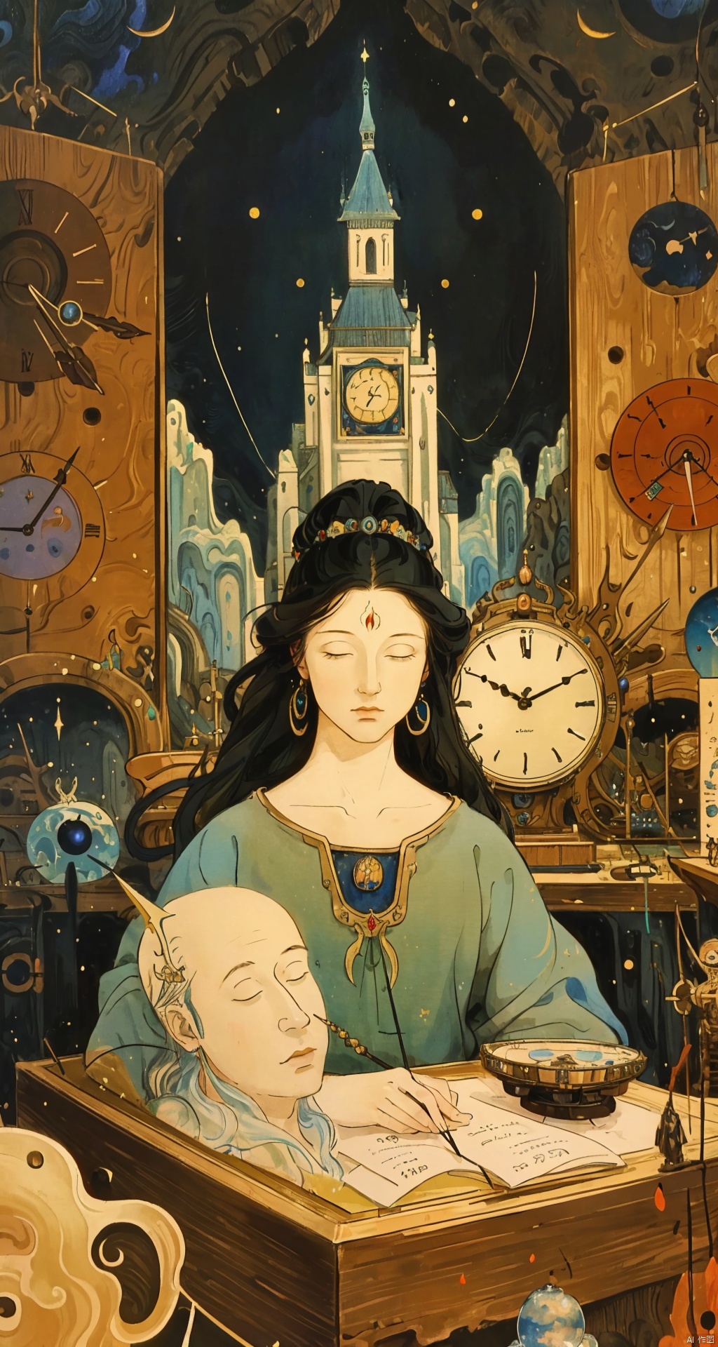  high quality, highly detailed, fantasy, At the forefront of this enchanting scene stands This surrealistic painting features melting clocks draped over various objects computer, spaceship, Salvador Dalis face, in a dreamlike landscape. Its distorted reality and unsettling beauty in the style of Leonardo Davinchi, mLD