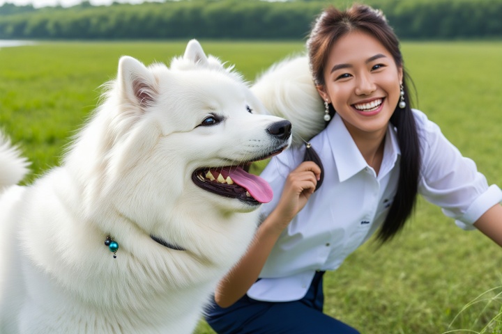  park,a girl,smiling,white shirt,black pearl,earrings,(utimate face detail:1.4),(beautiful face:1.4),samoyed (dog),playing around,grassland,river,detail,(depth_of_field:1.1),blue trouser,white vans,healthy teeth,long stright hair,playground