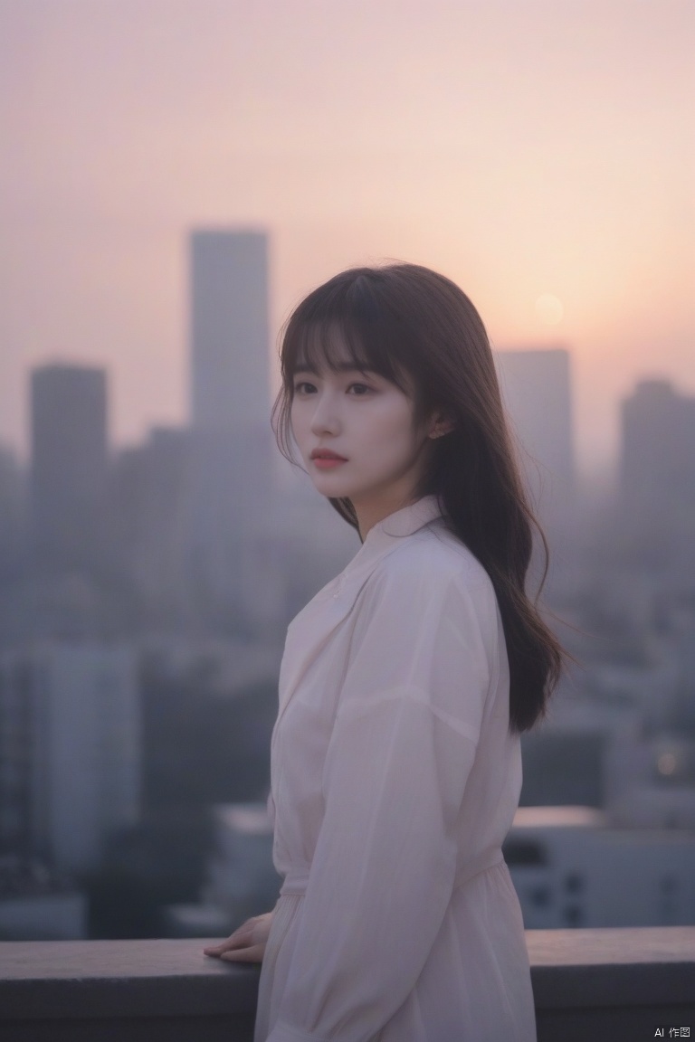  (masterpiece, best quality, highres:1.2),breathtaking,Frontal photography,Look front,evening,dark clouds,the setting sun,On the city rooftop,A 20 year old female,chinese girl,asian girl,black hair,long hair, dark theme, muted tones, pastel colors, high contrast, (natural skin texture, A dim light, high clarity) ((sky background))((Facial highlights)), Face Score, jastyle