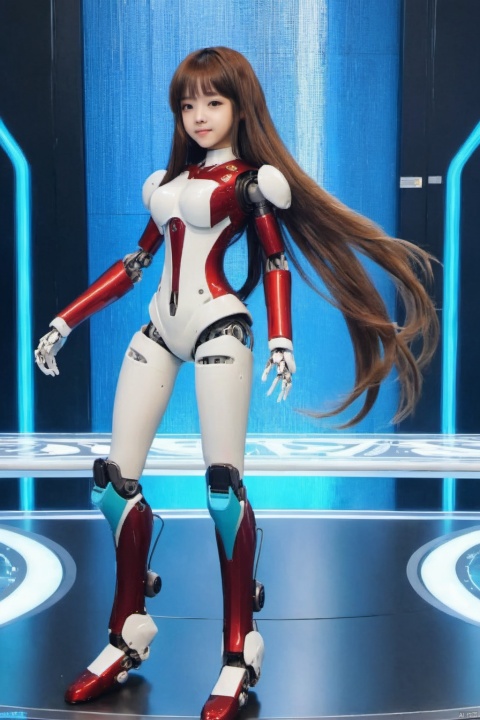  sdmai, quanxishaonv, 1girl,solo,joints,long hair,robot joints,android,brown hair,mechanical parts,full body,floating hair,looking atviewer,standing,lips,
, sdmai