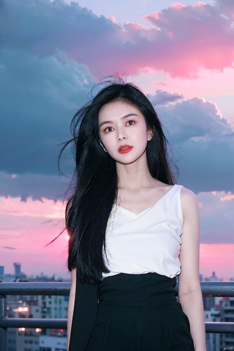  NSFW,Frontal photography,Look front,evening,dark clouds,the setting sun,On the city rooftop,A 20 year old female,Black top,Black Leggings,black hair,long hair, dark theme, muted tones, pastel colors, high contrast, (natural skin texture, A dim light, high clarity) ((sky background))((Facial highlights)),