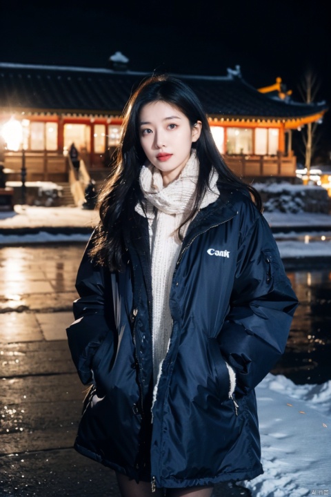  1girl,long hair, Winter clothing, college style,plaid skirt,full body,thick coat, cotton-padded jacket, plaid scarf, on the way home, snow, snow,outdoor,Master lens, golden ratio composition, (Canon 200mm f2.8L) shooting, large aperture, background blur., chinese woman,sunlight., plns, 1 girl