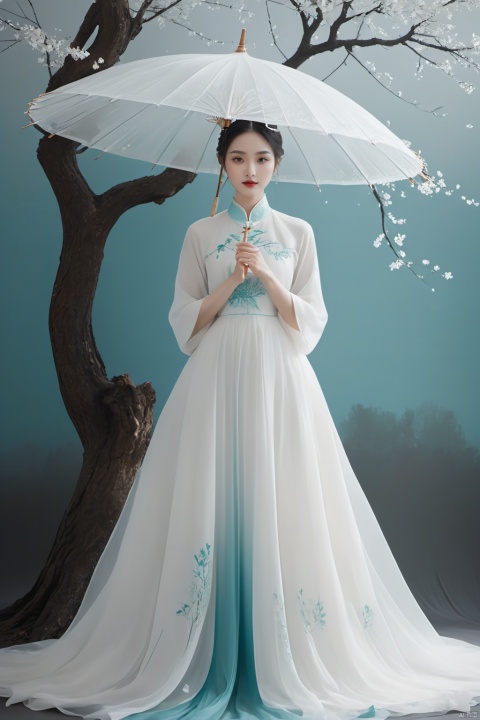  
/I Foreground a tree, Chinese beauty holding an umbrella, cyan and white color matching, ink painting minimalist style, large white space, tulle translucent material, soft gradient, perspective aesthetics