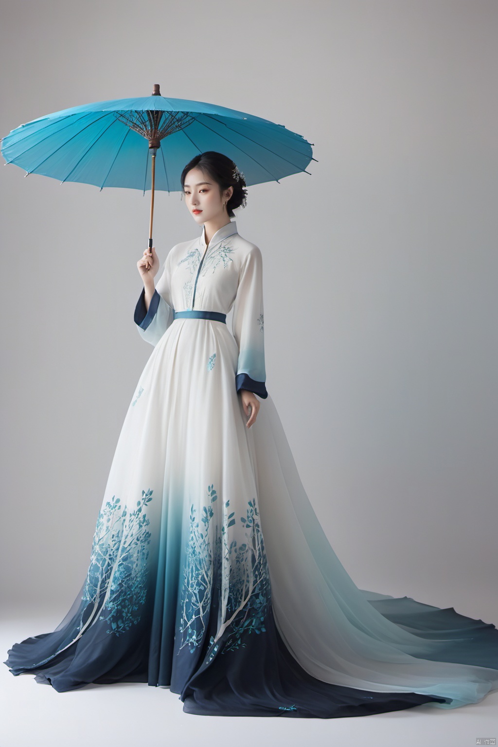  
/I Foreground a tree, Chinese beauty holding an umbrella, cyan and white color matching, ink painting minimalist style, large white space, tulle translucent material, soft gradient, perspective aesthetics