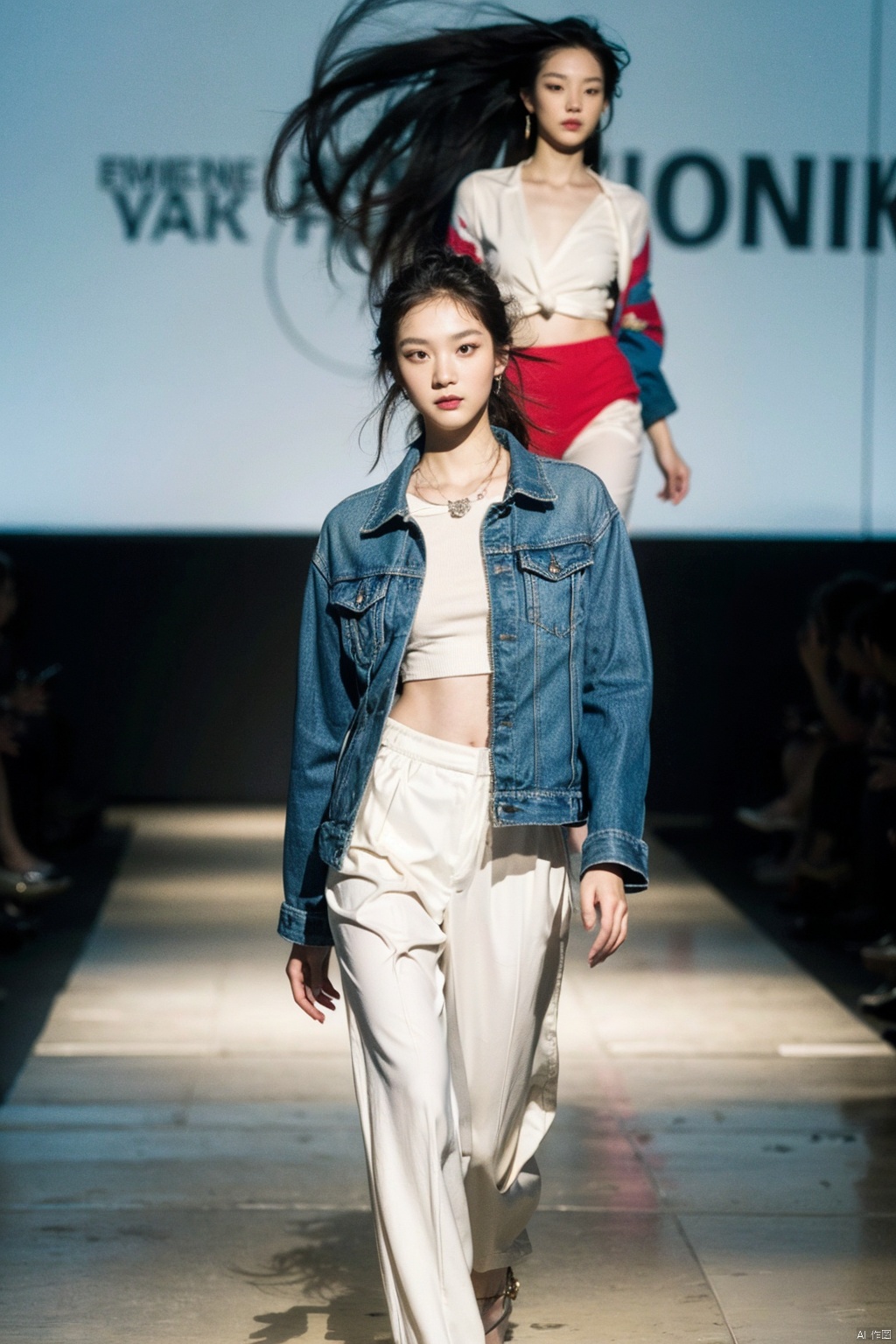  Certainly! Upon careful examination of the image, I would describe it as a captivating runway scene featuring a model walking down the center of the stage. The model is wearing a striking blue jacket, which catches the eye with its vibrant color and unique texture. The outfit is complemented by a pair of white trousers, creating a striking contrast between the two colors.
The lighting in the image is well-balanced, casting a warm glow over the entire scene. The colors are rich and vivid, with no signs of washed-out or faded hues. The quality of the image is excellent, with clear details and sharp focus on the model and the surrounding environment.
The style of the runway is trendy and modern, with a focus on bold colors and unique textures. The runway itself is well-maintained, with a clean and sleek design that complements the fashion on the stage.
In terms of quality, the image is sharp and well-composed, with no distractions or unwanted elements in the frame. The focus is entirely on the model and her fashion, allowing the viewer to fully appreciate the details of the outfit and the runway itself.
Overall, this image is a testament to the skill and expertise of the photographer who captured it. The combination of excellent lighting, vibrant colors, and sharp focus creates a stunning and captivating image that showcases the fashion on the runway in all its glory.