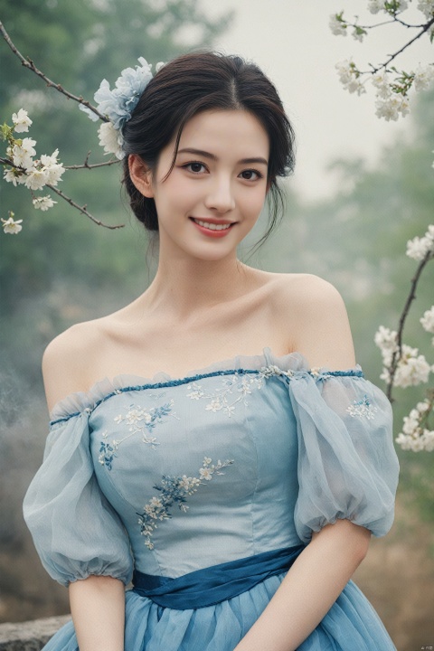  best quality, masterpiece,cowboy_shot,(Good structure),,a girl,xianjing,Off-the-shoulder, bust photo,upper body,Hanfu, Cloud, Smoke,branch,flower, smile,Gaze at the audience, Ink scattering_Chinese style, ((poakl)), ,looking_at_viewer,kind smile, , chinese dress,white dress, liuyifei,long_hair, Anne Hathaway