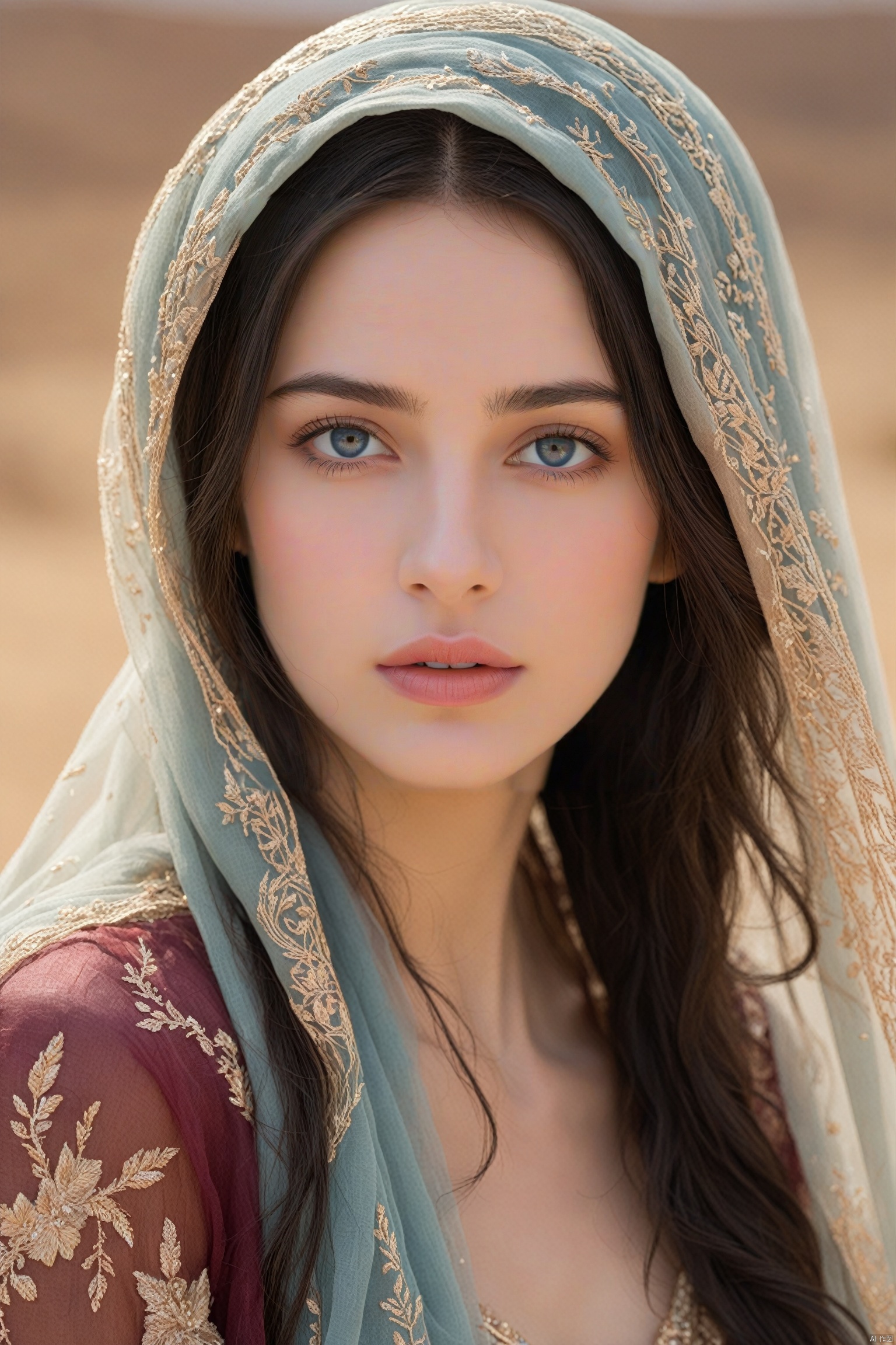 This image shows a close-up of an ethereal-looking young woman with long dark hair falling over her shoulders, blue eyes, her head adorned with a transparent scarf or veil, with the desert in the background, her The complexion was impeccable, with earthy tones on the lids and soft peach on the lips complementing the subtle makeup. She rests her face gently on her hands, exudes calm and poise, wears a burgundy embroidered gown, photo realistic, best quality, super high resolution, extremely detailed eyes and face, full body showing face audience,