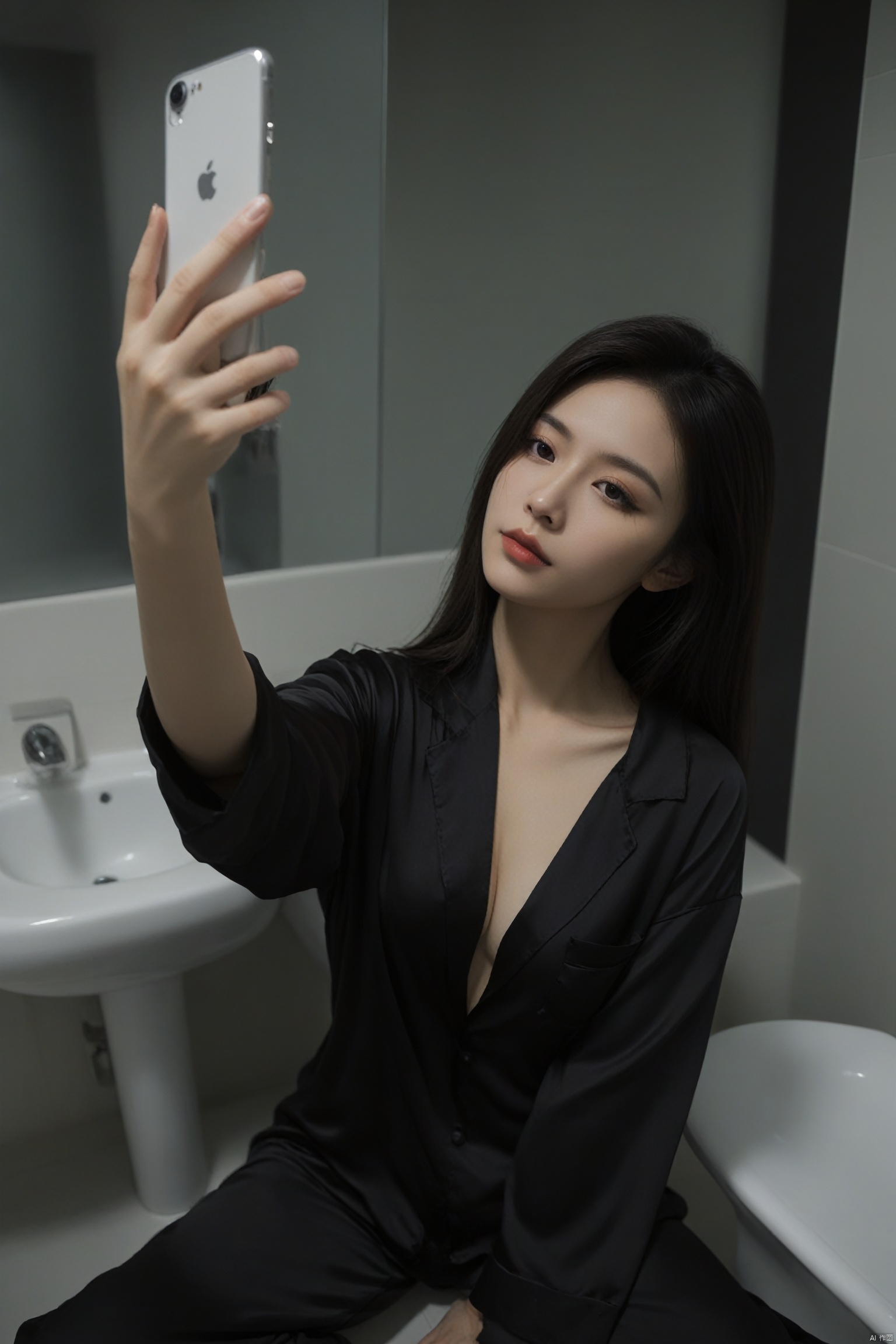  Wearing black pajamas, in the bathroom with dim lighting and strong realism, taking selfies