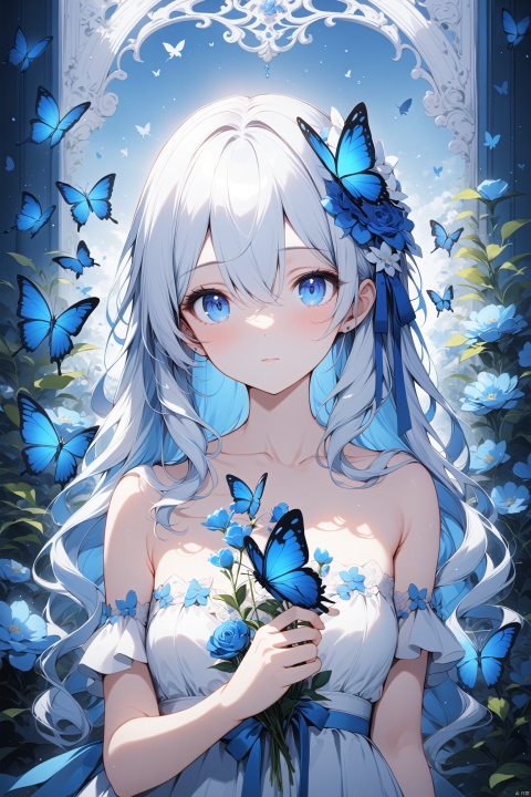  masterpiece,best quality,high quality,(colorful),flower, 1girl, solo, hair ornament, holding, blue flower, bug, hair flower, blue eyes, butterfly, long hair, looking at viewer, dress, hair between eyes, bare shoulders, blue butterfly, upper body, collarbone, white dress, closed mouth, white hair, holding flower, blue theme, strapless, ribbon, tr mini style, Sewing doll, 3DIP,8k,IP