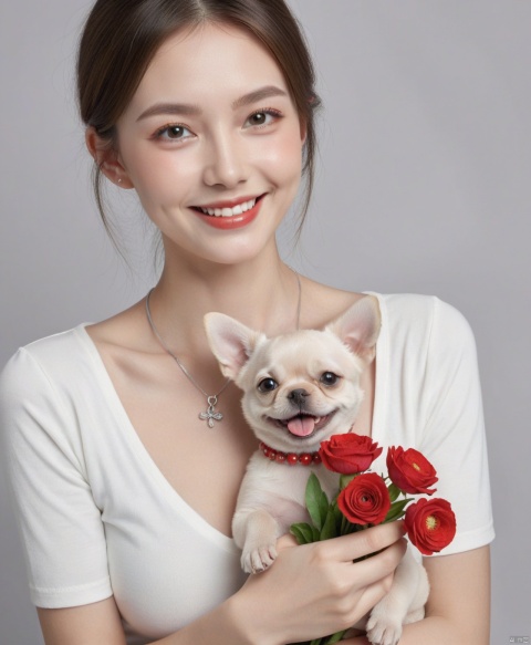  Upper body, without revealing hands, with a side face, white shirt, ball your head, red pupils, holding a little dog, only showing flowers, cleavage, red flower, smile, paired with a silver thin necklace