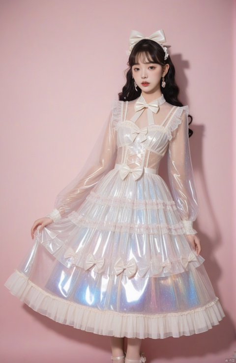  transparent lolita Laser Shiny dow latex,Wedding Dress,Transparent long sleeves,Transparent long skirt,Bow decoration,frock,queen,(lolita)