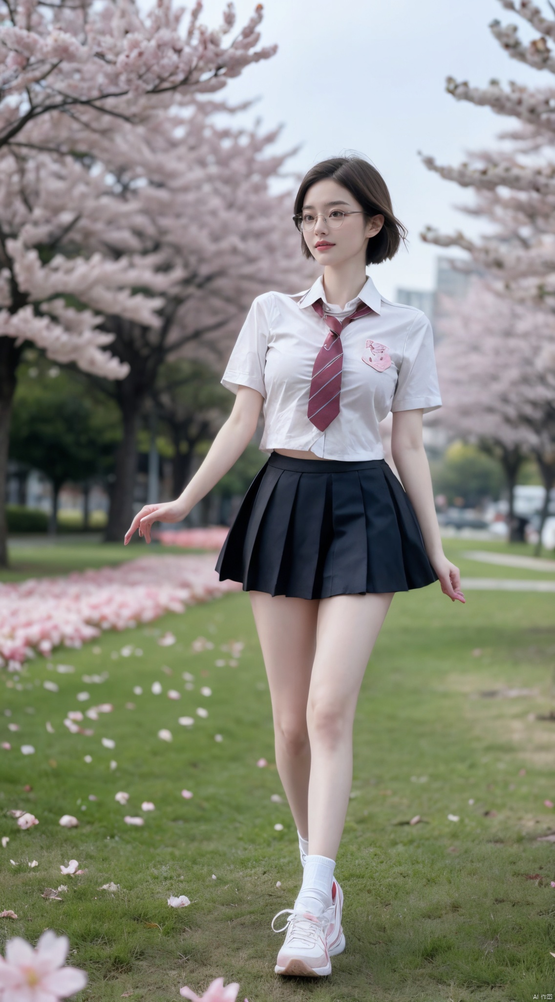  Best Quality, masterpiece, 16K, JK, uniform, 1 girl, glasses, blonde short hair, school uniform, pink skirt, sneakers, body, outdoor, petals falling, cherry blossom background, sports blurred background