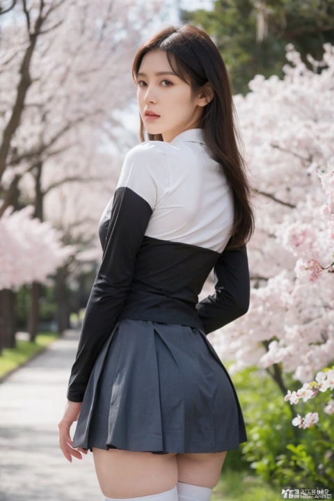  1girl,eye contact,sunlight,(JK_suit),JK_style,(dark blue JK_skirt),standing,arms behindback,white thighhighs,3d,unity 8k wallpaper,ultra detailed,beautiful and aesthetic,cherry blossoms,depth of field:1.5,black pantyhose,huge filesize,photo_(medium),reality,high quality,highres,