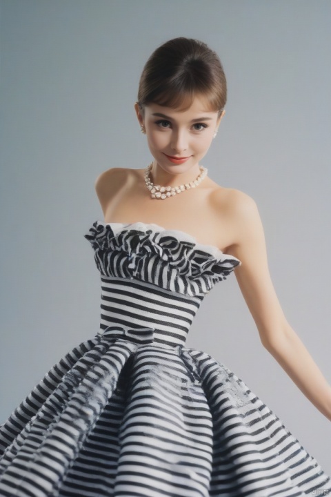  (masterpiece, best quality, hyper realistic, raw photo, ultra detailed, extremely detailed, intricately detailed), (photorealistic:1.4), (photography of Audrey Hepburn wearing a fashionable Striped off-the-shoulder ruffle hem dress, designed by Hubert de Givenchy, ), (smile), fairy, pure, innocent, beauty, (slender), super model, adr, Breakfast at Tiffany's, Sabrina, (glide_fashion), depthoffield,(fullshot),filmgrain,zeisslens,symmetrical,8kresolution,octanerender(OC渲染),extremelyhigh-resolutiondetails,finetexture,dynamicangle,fashion(时尚), fashion,,