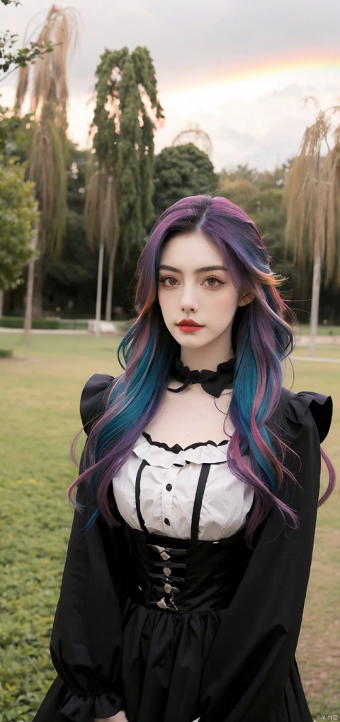  En un hermoso parque una mujer de aspecto moderno. It has a very colorful and striking kawaii gothic style.., con un maquillaje elegante y una peluca colorida. ((Rainbow hair))