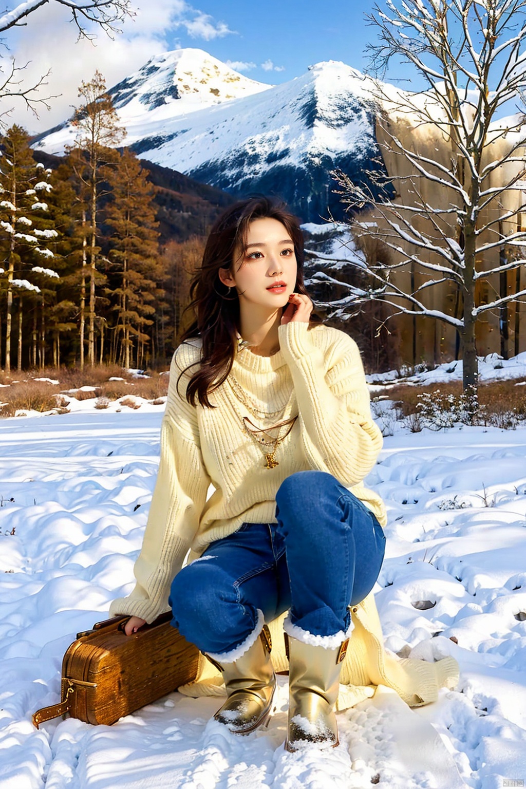  1girl,realism, HD 16k, snow, winter,sexy Short jeans,oversize breasts, light master, bare long legs, light rays,snow mountain,laugh,white sweater,snow boots,Dynamic posture,