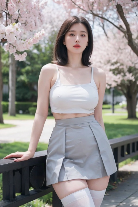  1girl,eye contact,sunlight,(JK_suit),JK_style,(dark blue JK_skirt),standing,arms behindback,white thighhighs,3d,unity 8k wallpaper,ultra detailed,beautiful and aesthetic,cherry blossoms,depth of field:1.5,black pantyhose,huge filesize,photo_(medium),reality,high quality,highres,