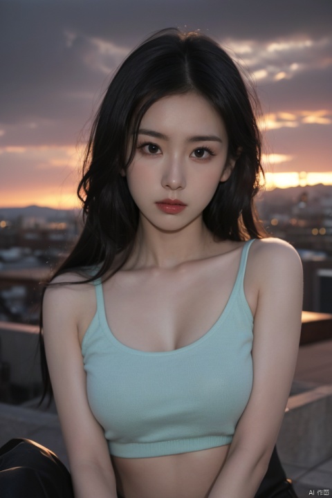  NSFW,Frontal photography,Look front,evening,dark clouds,the setting sun,On the city rooftop,A 20 year old female,Black top,Black Leggings,black hair,long hair,dark theme,muted tones,pastel colors,high contrast,(natural skin texture, A dim light, high clarity) ((sky background))((Facial highlights)),