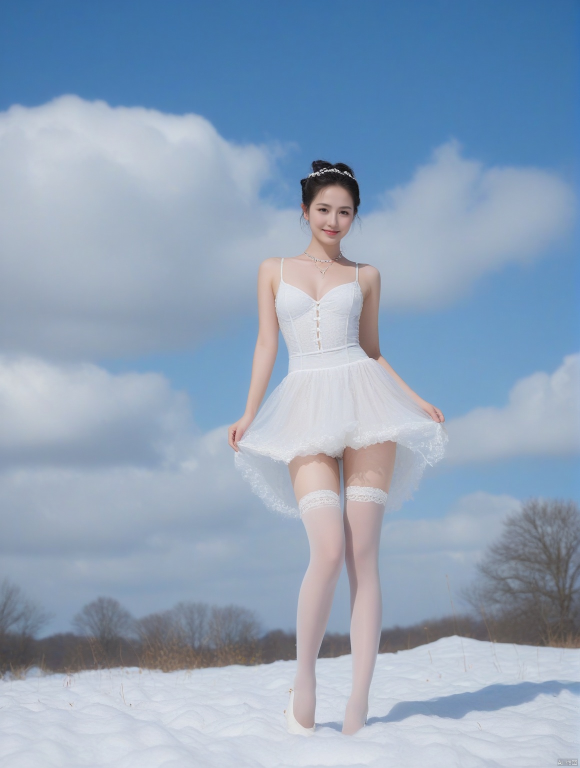  (((nsfw))), Realistic, masterpiece, highest quality, high resolution, extreme details, 1 girl, solo, bun, headdress, delicate eyes, beautiful face, shallow smile, delicate necklace, suspender dress, white lace dress, light gauze, snow-white skin, delicate skin texture, silver bracelet, pantyhose, high heels, elegant standing, outdoor, blue sky, white clouds, flowers, flowers, grass, movie light, light, light tracking, (Nikon AF-S 105mm f / 1.4E ED), MAJICMIX STYLE