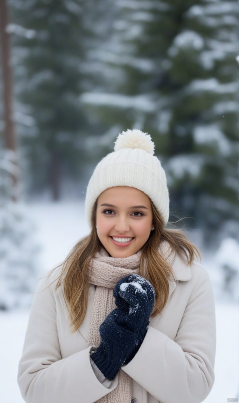  1girl, snowy winter wonderland, frosty trees and ground covered in snow, steam rising from her breath as she exhales, woolen coat and scarf to protect from the cold weather. Snow boots on her feet. Cute hat on her head. Joyful expression on her face as she builds a snowman. Photo of a cute 24 years old winter sports enthusiast girl. Cinematic shot with soft focus on her face. Warm colors in the background. Cute face looking at viewer., Jessica Alba