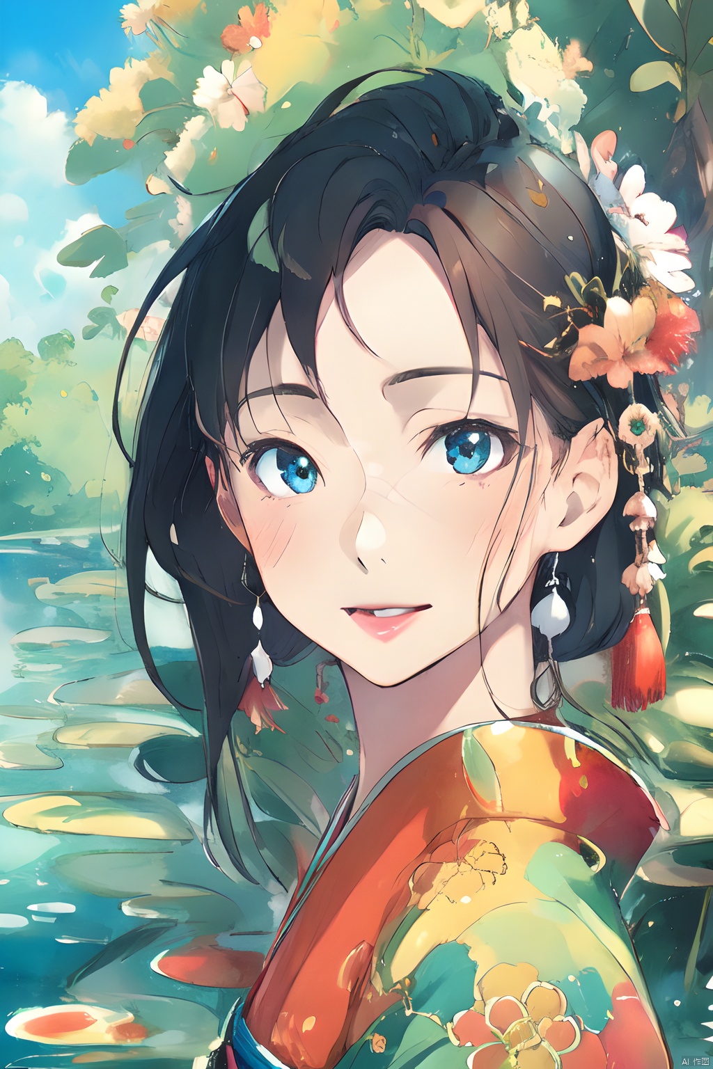  (Masterpiece:1.2), (high quality),(Pixiv:1.4),fansty world,(Delicate background),outdoor,water,floating,colorful world,kimono,beautiful face,1girl,anime,girl,Chinese style,watercolor