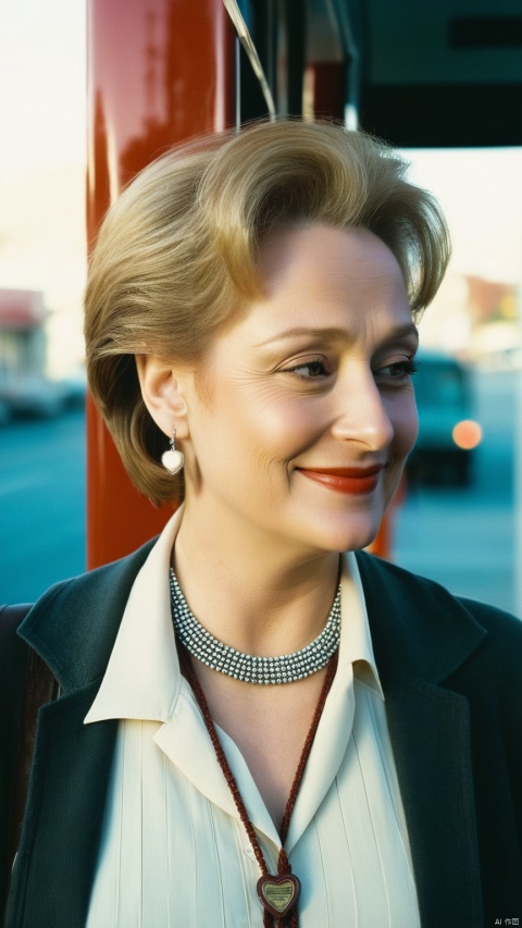  bus stop,day,film grain,cinematic lighting,necklace,vest,short hair,smile,1girl,looking back, Meryl Streep