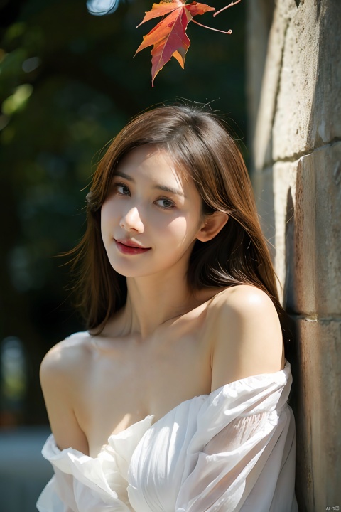  The image features a beautiful young woman holding a red leaf in her hands, bathed in warm light. Her expression is serene and dreamy, and her hands are gracefully folded. The colors are primarily brown and green, with the red leaf standing out. The style is ethereal and soft, with a focus on the woman's face and the leaf. The lighting is well-done, with interesting shadows and depth. The woman's outfit is not clearly visible, but the focus is on her as a subject. Overall, the image is beautiful, evocative, and technically proficient, making it a truly exceptional photograph.