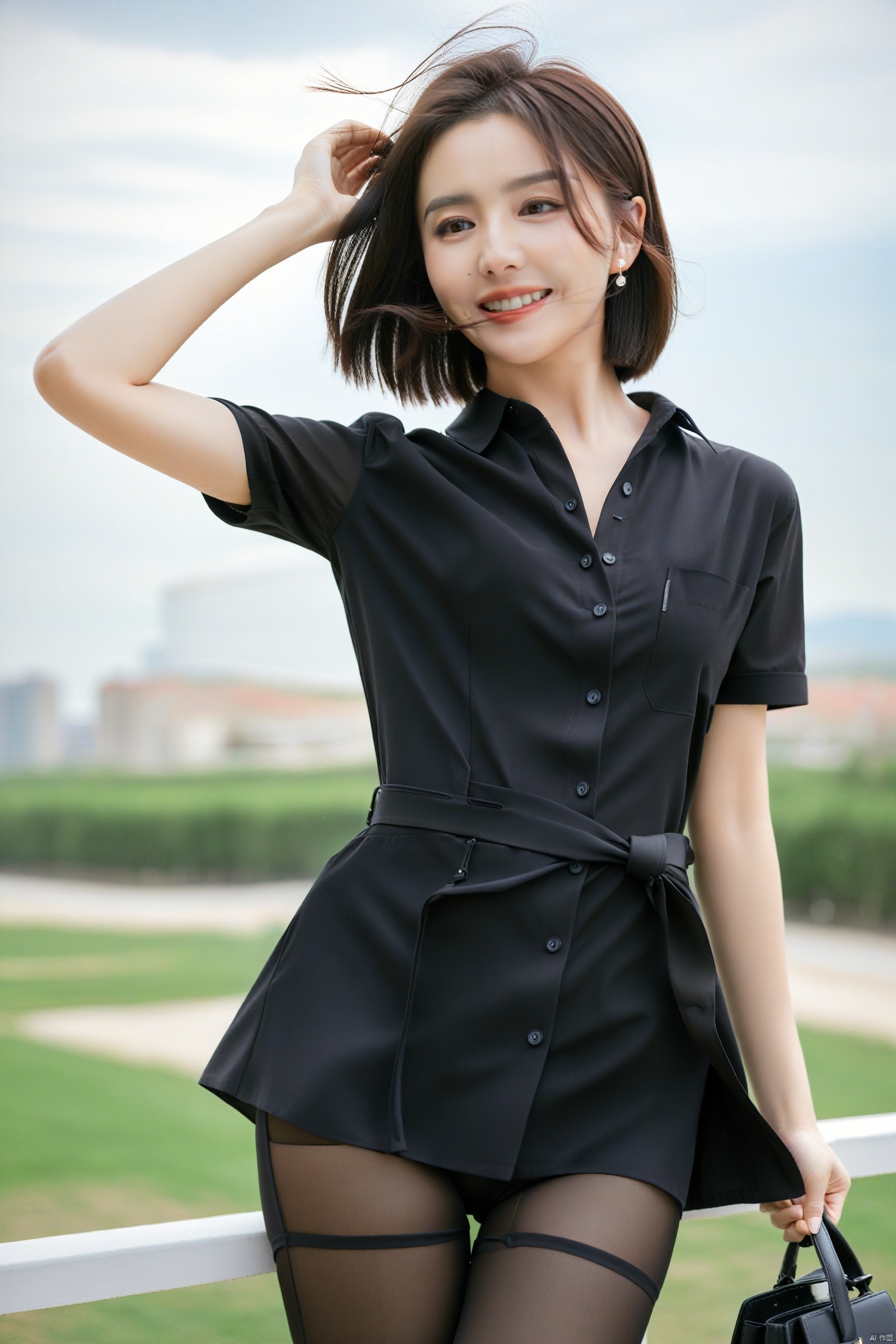  8K, high-quality photo features a professional girl outdoors as the protagonist.(adjusting hair:1.5)(pantyhose:1.2), (short buttoneddownshirt:1.2) She was wearing a black professional suit and short sleeved shirt, with the collar button tightly fastened. Her attire also includes tight pants, bras, and high heels. Her earrings are exquisite, with a smile on her face, a tightly closed mouth, a small chest, and meticulous eyes. Her short hair fluttered in the wind, and the background was a delicate sky., ((poakl)), 1girl, yaya