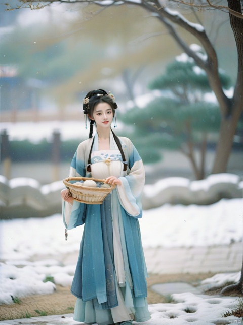  hanfu dress,a beautiful girl is standing,The Han costume of the Song Dynasty, the whole body,Flower basket,beautiful face,be affectionate,long eyelashes,high nose,Song Dynasty Hanfu, Winter, snowy days, snowfall, snow on tree tops, snow on the ground,gentle depth of field and soft bokeh,Capture the image as if it were taken on an 35mm film for added charm, looking at viewer,35mm photograph,The main color tone of the screen is blue, with a film style (aperture: f/1.4, ISO-100, focal length: 35mm), Full body, denim lens,film, bokeh, professional, 4k, highly detailed, MAJICMIX STYLE