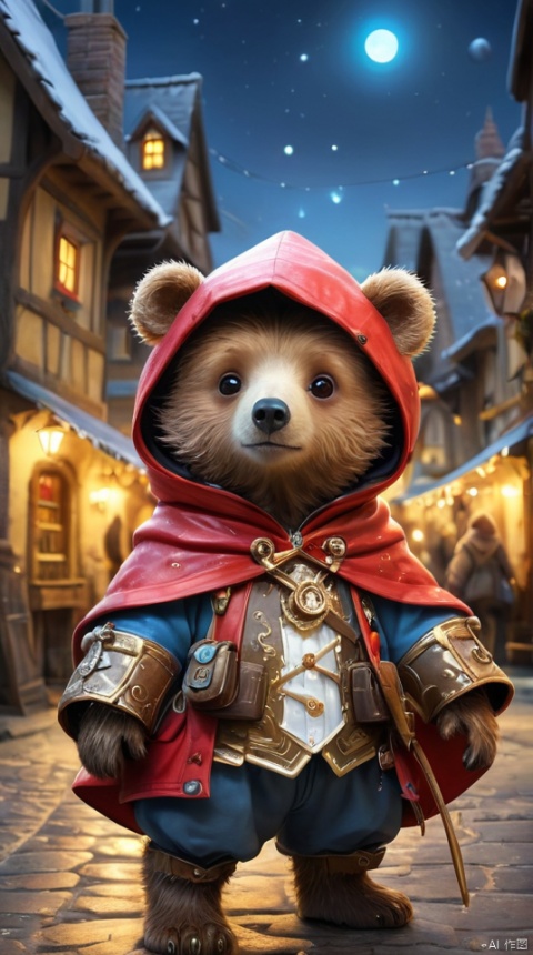  Hyper-detailed painting, Jean-Baptiste Monge style, The cute little brave bear is in the novice village, wearing adventurer clothes, splash, glittering, cute and adorable, filigree, lights, fluffy, magic, surreal, fantasy, digital art, ultra hd, hyper-realistic illustration, vivid colors, UHD, cinematic perfect light, greg rutkowski, 3DIP, tr mini style