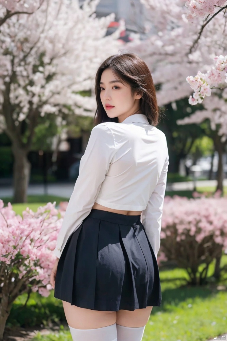  1girl,eye contact,sunlight,(JK_suit),JK_style,(dark blue JK_skirt),standing,arms behindback,white thighhighs,3d,unity 8k wallpaper,ultra detailed,beautiful and aesthetic,cherry blossoms,depth of field:1.5,black pantyhose,huge filesize,photo_(medium),reality,high quality,highres,