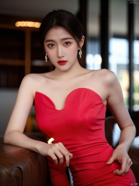 1girl, short hair, brown hair, solo, dress, brown eyes, looking at viewer, holding, red dress, parted lips, bare shoulders, indoors, lips, upper body, sleeveless