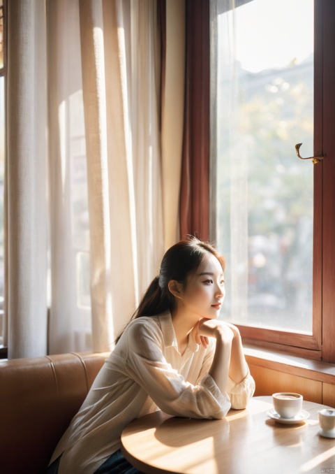  In the afternoon café, a Chinese young woman sits by the window, holding a cup of coffee, her gaze fixed on the leisurely passersby outside. Sunlight filters through the gaps in the curtains, casting a peaceful and cozy atmosphere onto her book.