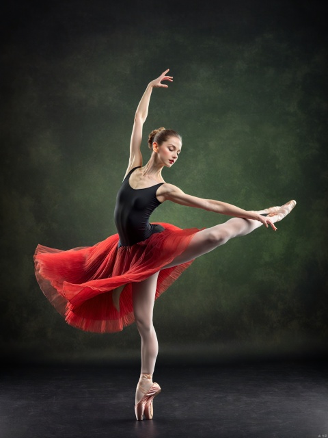  graceful ballerina, dynamic pose, flowing red skirt, black leotard, ballet dance, one leg extended, textured green background, soft vignette, classical atmosphere, vibrant, movement, beauty of dance, red and muted contrast, soft directional lighting,best quality, ultra highres, original, extremely detailed, perfect lighting