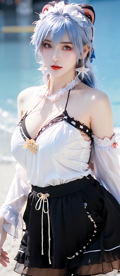  (((1 girl))), (medium breasts:), ((upper body:0.7)), half body photo, female solo, depth of field, blue earrings, blue jewelry, off-shoulder white shirt, black tight skirt, (at beach), blonde hair, photorealistic:1.3, realistic), highly detailed CG unified 8K wallpapers, (((straight from front))), (HQ skin, shiny skin), 8k uhd, dslr, soft lighting, high quality, film grain, Fujifilm XT3, (professional lighting), nangongwan, red lips,