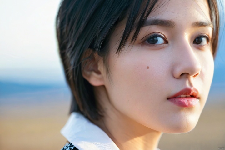  1girl, solo, blurry background, black hair, outdoors, light on face, blurry, black eyes, upper body, lips, day, sky, realistic, blue sky, shirt, white shirt, short hair, jacket, closed mouth, looking to the side, Zhenxin, best quality, photo \(medium\), realistic, (extremely detailed face:1.2), (extremely detailed eyes:1.2), epic, gorgeous, film grain, grainy, highly detailed, detailed skin texture