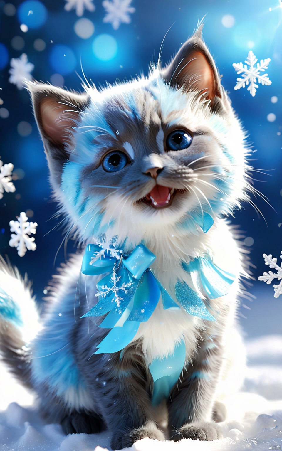 (best quality),(masterpiece),little fluffy blue kitten playing with little snowflakes,small detailed eyes with highlights,long eyelashes,fur,original style,cute,cute and charming,fantasy with glowing eyes,sparkling Sun,soft light,glitter,professional photo,beautiful,3d,realistic,8k,high resolution,cgi,hyperrealism,1/300's,highly detailed digital painting,bizarre,