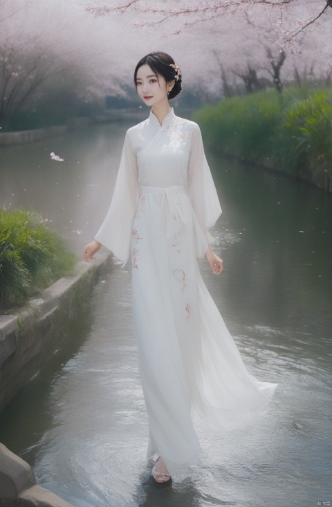  A woman with almond-shaped eyes, dressed in a white lace qipao, holding a fan, strolling leisurely through the water towns of Jiangnan. Her enchanting smile and graceful demeanor make her resemble a fairy plucked from a painting.