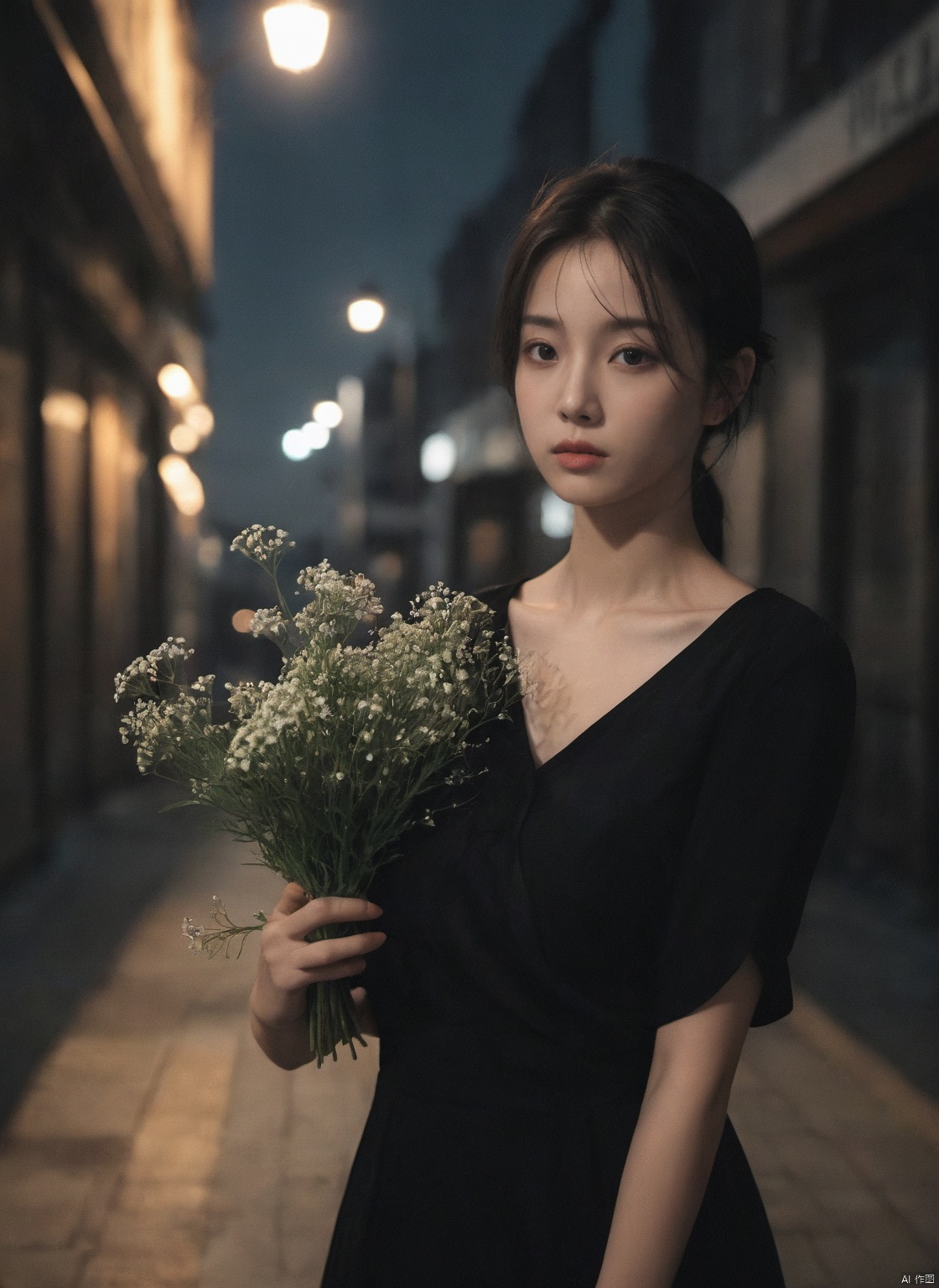  1girl,8k wallpaper,extremely detailed figure, amazing beauty, detailed characters, indoor,black dress, holding flowers, light and shadow, depth of field, light spot, reflection,upper body,nigth,street