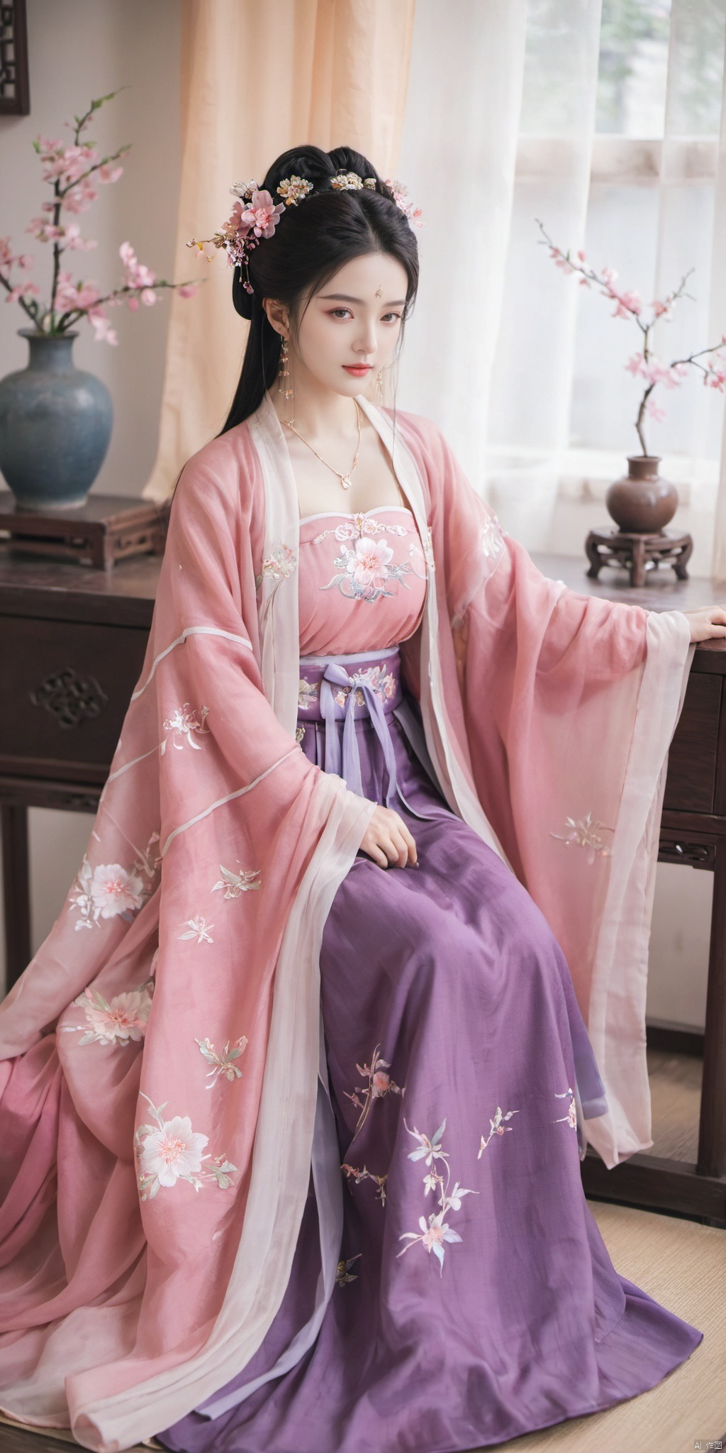  1girl, solo, long hair, black hair,Hairpins,necklace, hair ornament, dress, full body, flower, earrings, indoors, hair bun, (purple-pink dress),(Tube top Hanfu long skirt:1.1), pillow, bed, night, chinese clothes, table, branch,daxiushan, ,daxiushan style,(huge breasts:1.79), (full breasts:1.59), realistic,hanfu, daxiushan,Shoulders are exposed, , daxiushan, arien_hanfu, FilmGirl