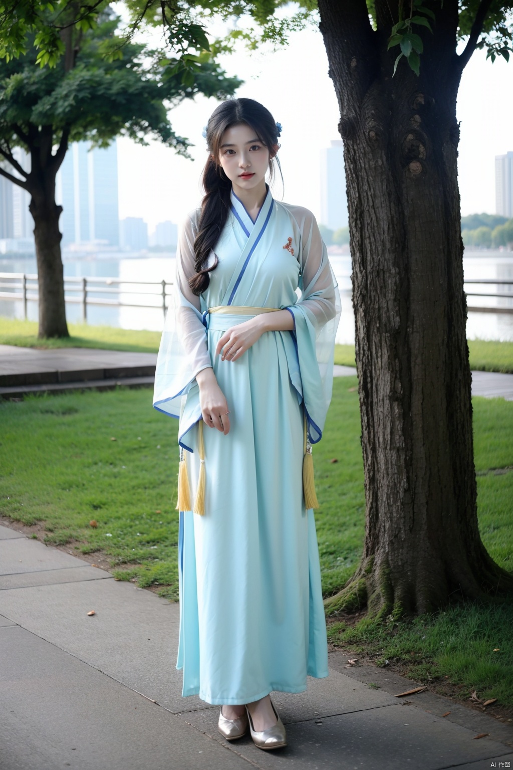  a girl,xianjing,hanfu,crane,full body