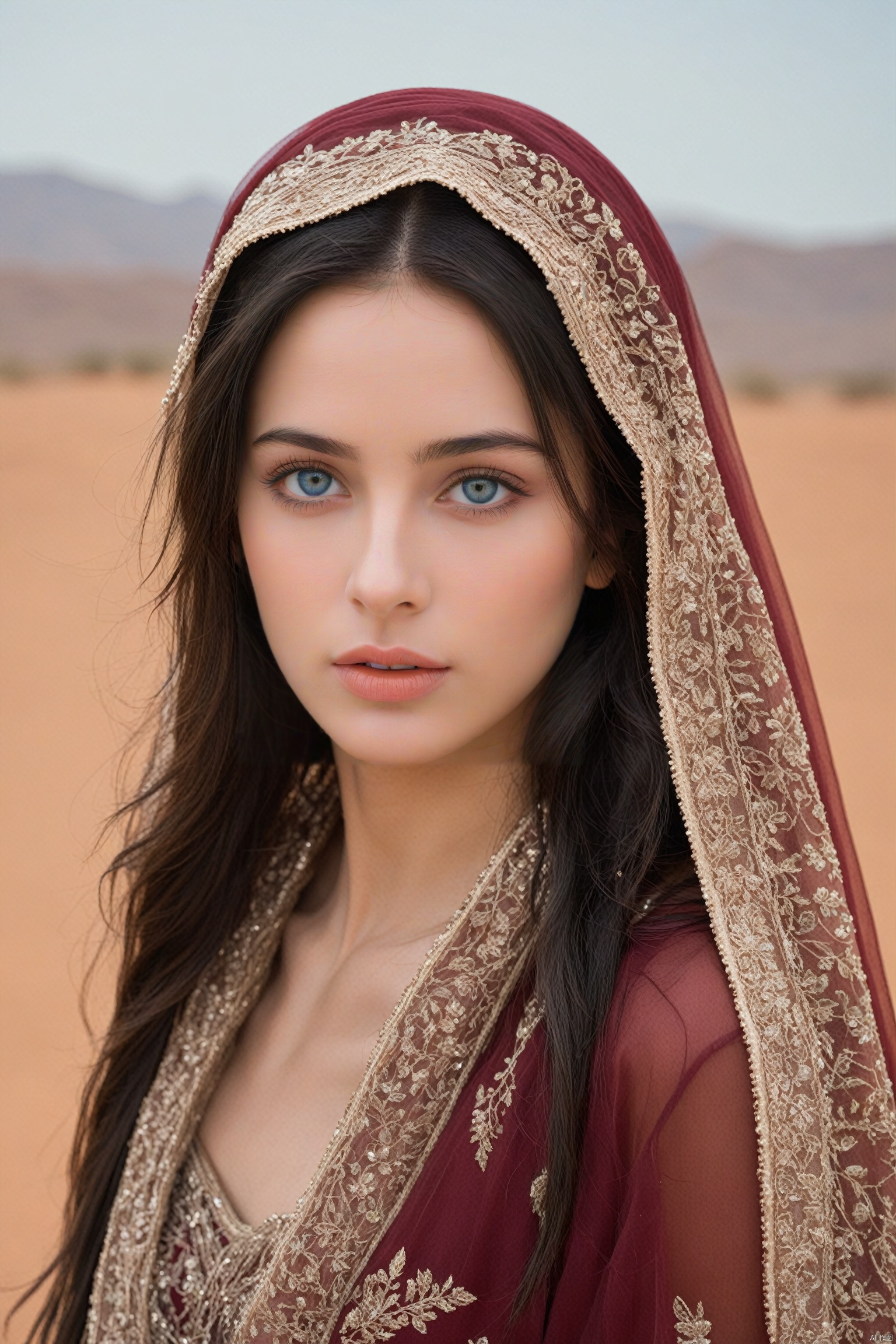 This image shows a close-up of an ethereal-looking young woman with long dark hair falling over her shoulders, blue eyes, her head adorned with a transparent scarf or veil, with the desert in the background, her The complexion was impeccable, with earthy tones on the lids and soft peach on the lips complementing the subtle makeup. She rests her face gently on her hands, exudes calm and poise, wears a burgundy embroidered gown, photo realistic, best quality, super high resolution, extremely detailed eyes and face, full body showing face audience,