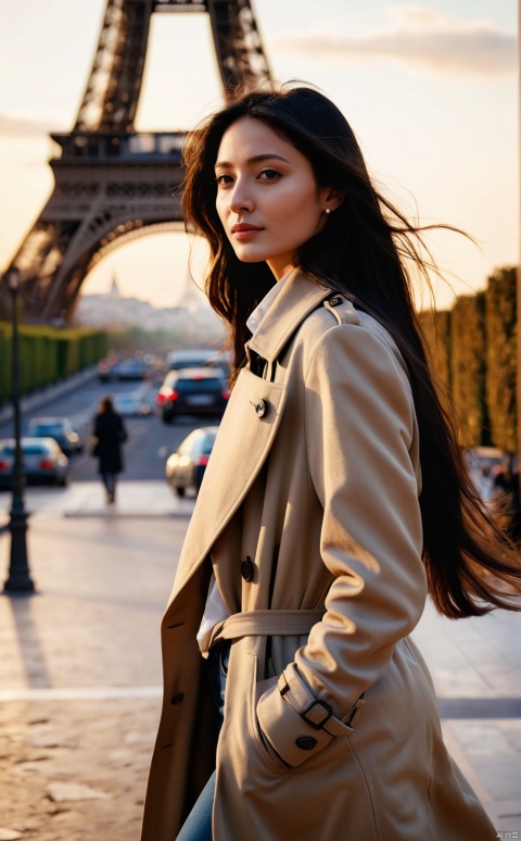  leogirl, 1 gir walking in Paris, ( Eiffel Tower : 1.4 ), coat, long hair, ear, neck,professional soft lighting, cinematic, bright scene, long hair, black hair, photo by Annie Leibovitz, 25 mm f 1.4,bokeh,Leicaมmoring,golden hour, ambiant occlusion shadow (original: 1. 2), (realistic: 1. 5), ultra detail, high resolution, ultra detailed, best quality, amazing, top quality, extremely detailed CG unity 8k wallpaper, cinematic lighting