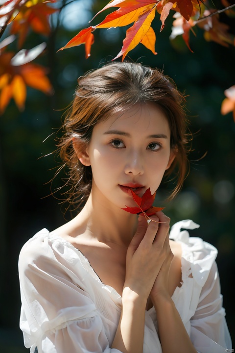  The image features a beautiful young woman holding a red leaf in her hands, bathed in warm light. Her expression is serene and dreamy, and her hands are gracefully folded. The colors are primarily brown and green, with the red leaf standing out. The style is ethereal and soft, with a focus on the woman's face and the leaf. The lighting is well-done, with interesting shadows and depth. The woman's outfit is not clearly visible, but the focus is on her as a subject. Overall, the image is beautiful, evocative, and technically proficient, making it a truly exceptional photograph.