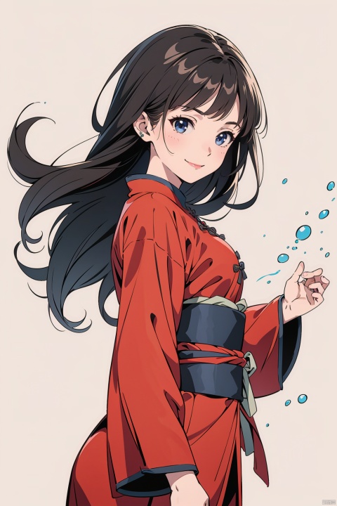  smile,squint,cool,（Middle-aged female）,facing viewer,(masterpiece:1.2), best quality,PIXIV, splashing ink,long hair, solo, Chinese clothes, white background, sash, long sleeves, bangs, gf-hd,Taoist,