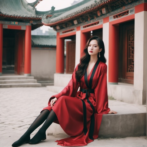  Chinese fashion girl in red robe and black stockings sitting in lively square, A style that romantically depicts historical events, light maroon and dark green, snapshot aesthetic, cute, photo, Gongbi